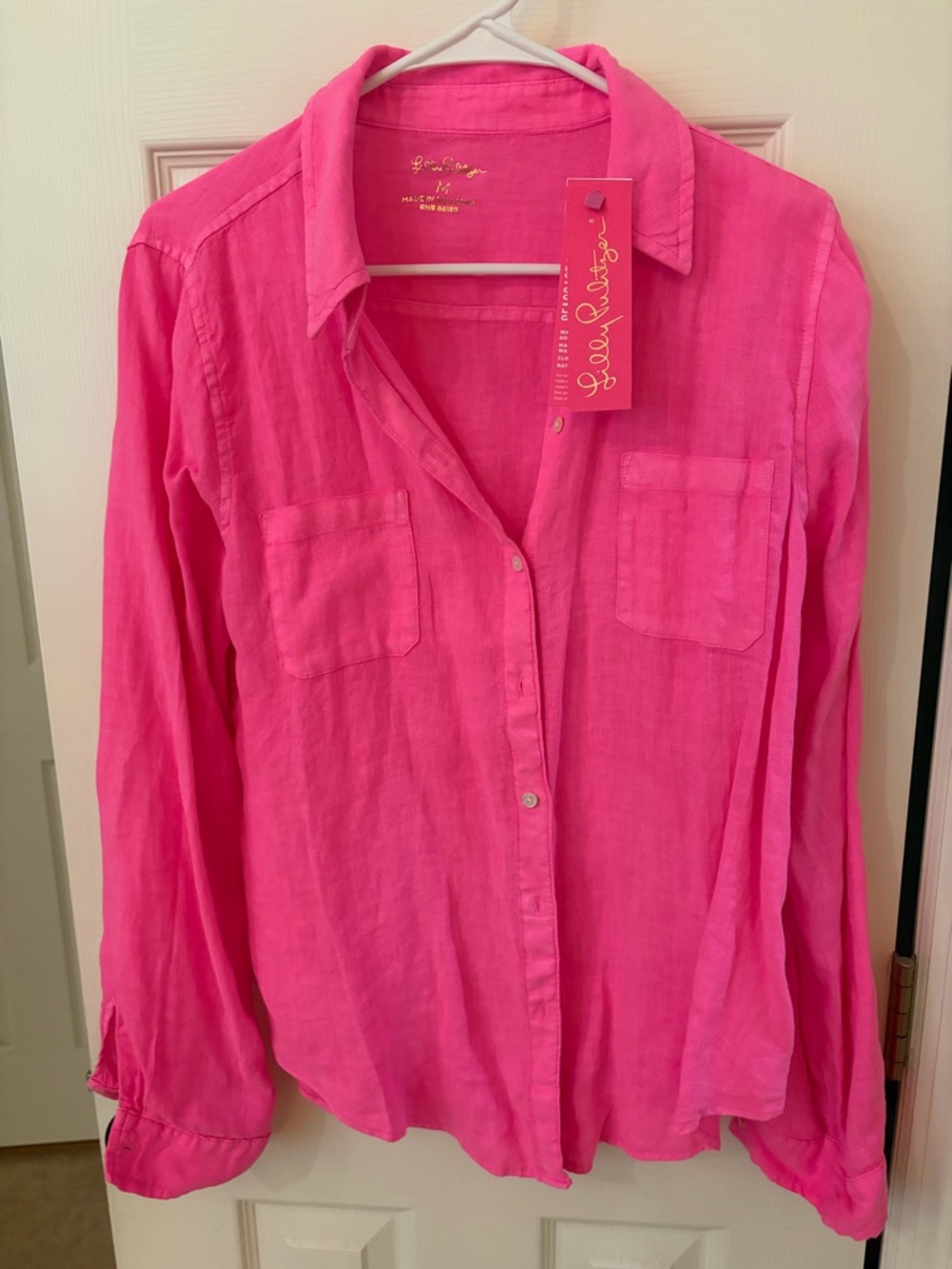 NWT~ Lilly Pulitzer Vibrant Hot Pink Linen Button-Down Shirt, Size Medium - Picture 2 of 5